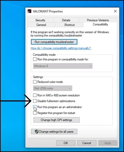 The Valorant exe file needs to be right-clicked, then Properties should be selected.