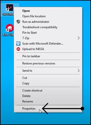 The Valorant exe file needs to be right-clicked, then Properties should be selected.